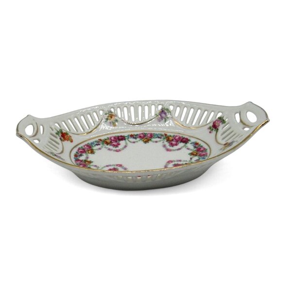 GERMAN Floral Rose Oval Reticulated Ceramic Candy DISH Vintage - Picture 6 of 8